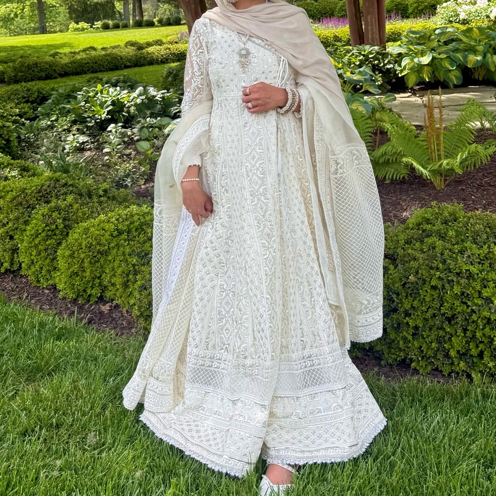 Faiza Saqlain Fancy Heavy White Gown Pakistani Outfit